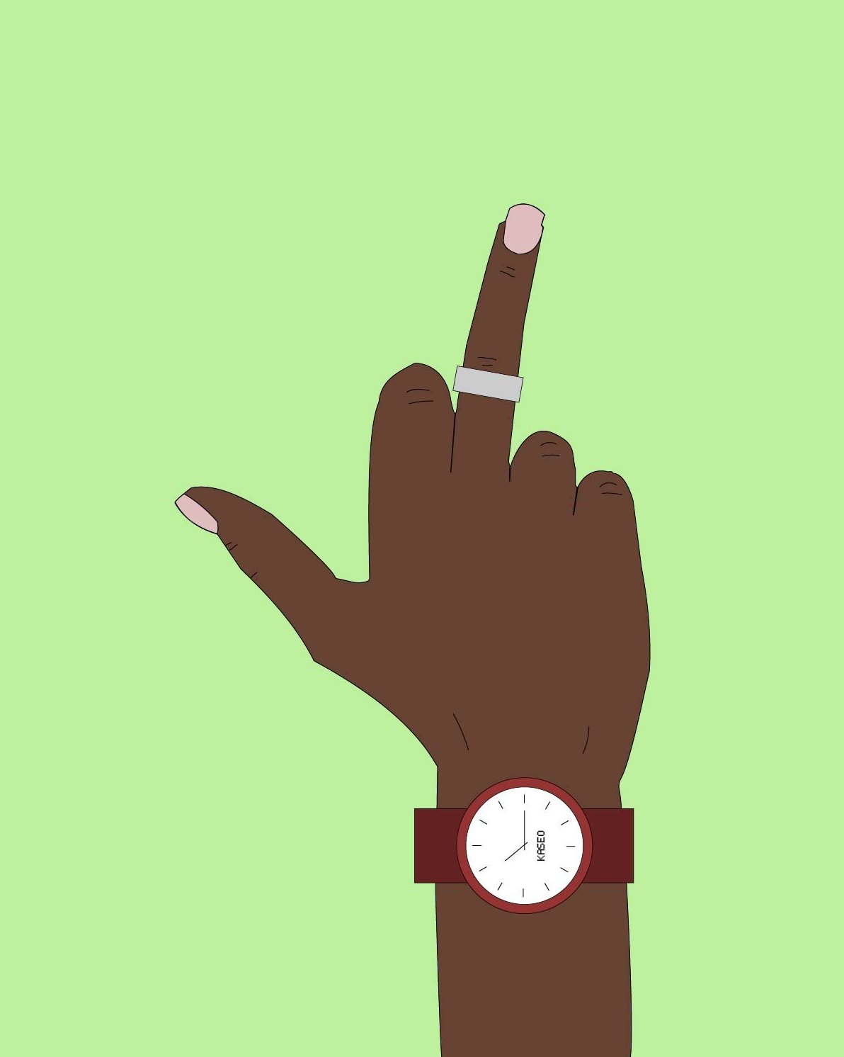 Hand with a silver ring and red watch on mint