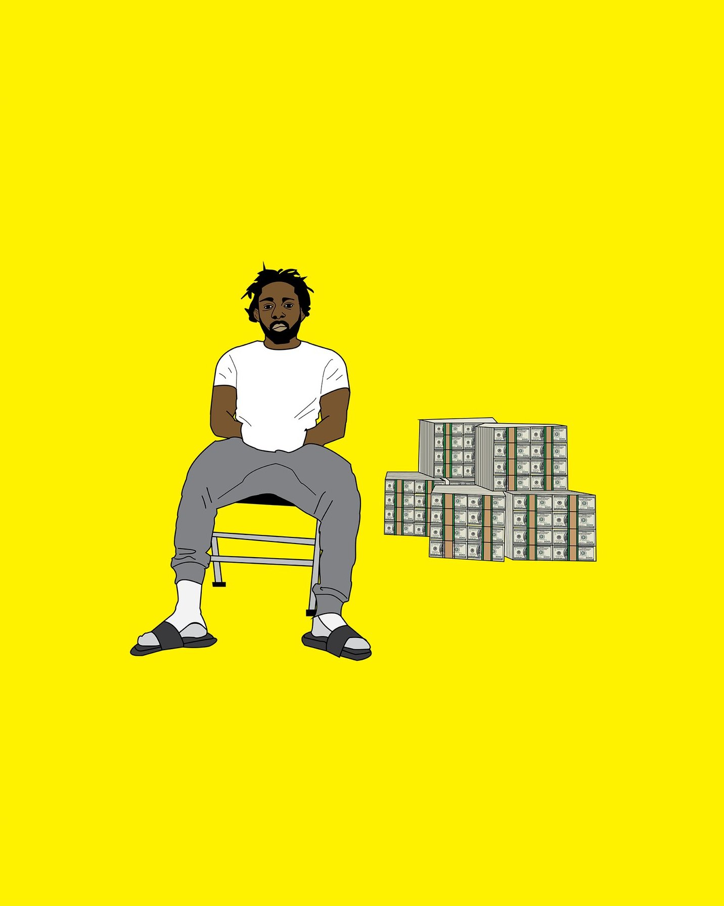 Seated figure beside stacks of cash on yellow