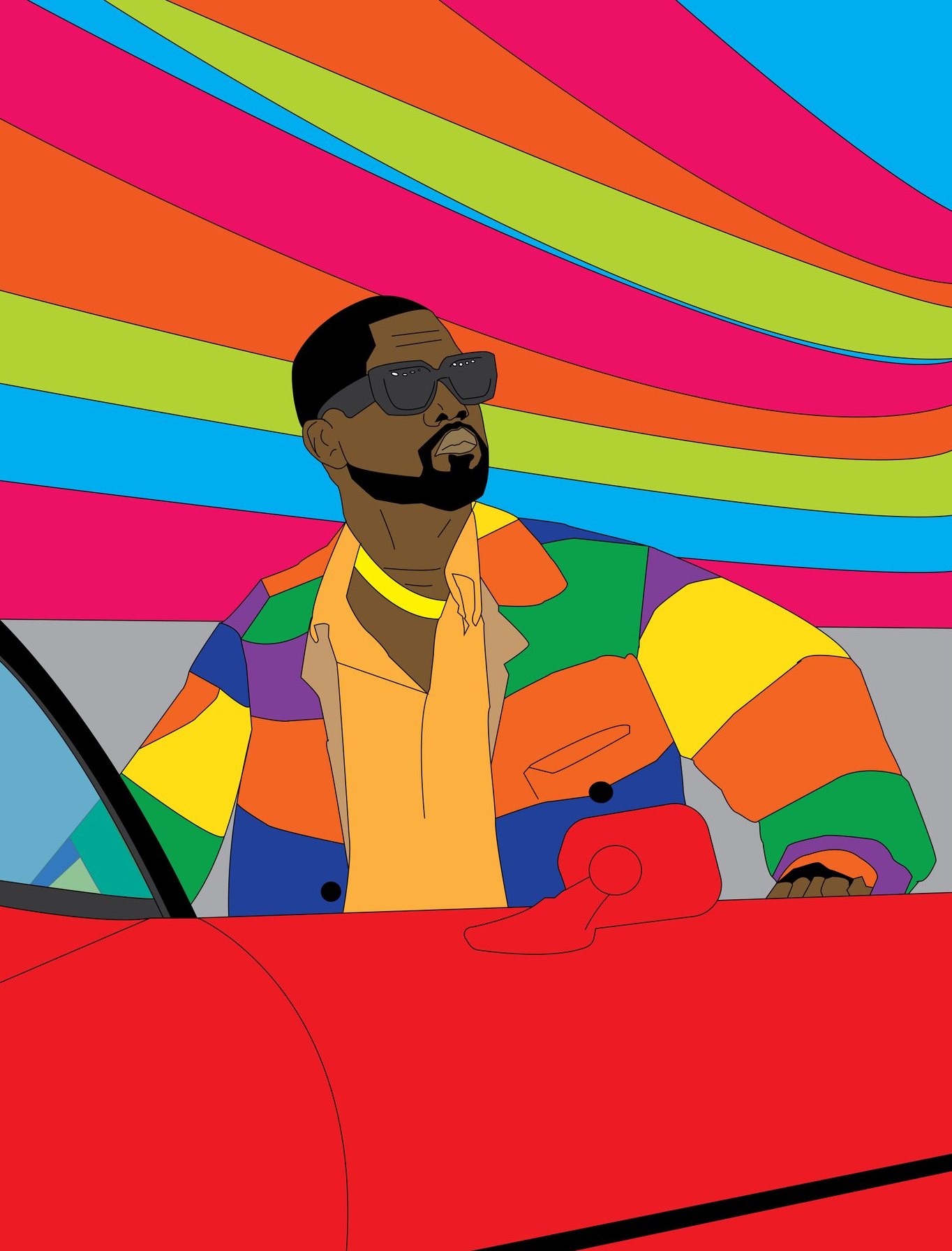 Figure in a rainbow patchwork jacket beside a red car