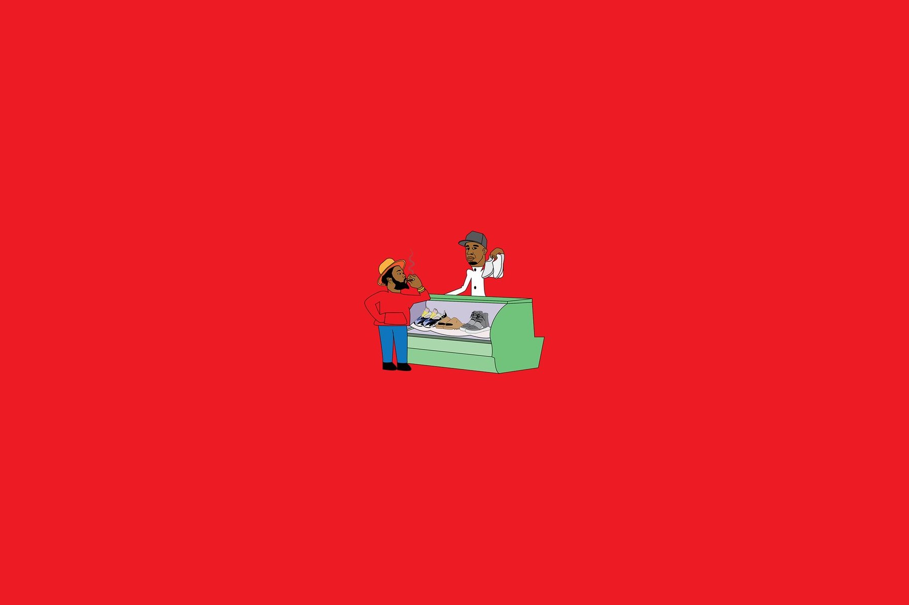 Two figures at a sneaker counter on red