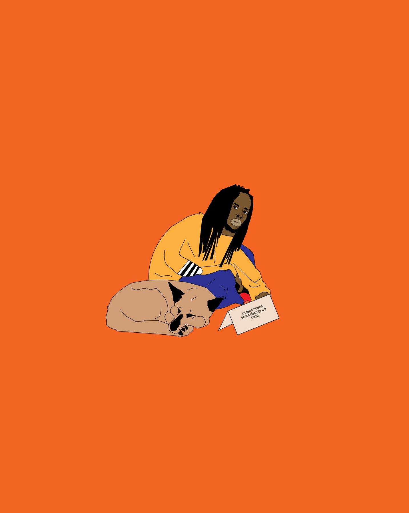 Figure with a sleeping dog and a handwritten sign on orange
